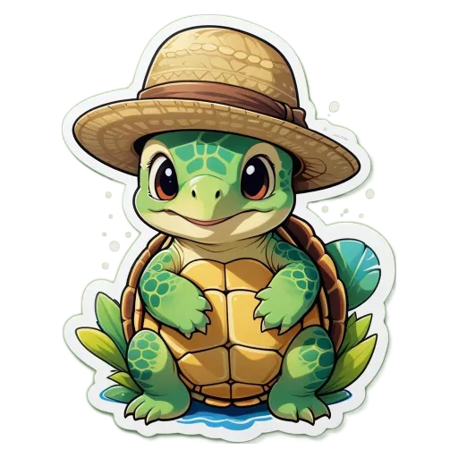 A cartoon turtle in a hat is sitting on a pond.