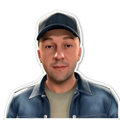 A man wearing a blue jacket and a hat is standing in front of a black background.
