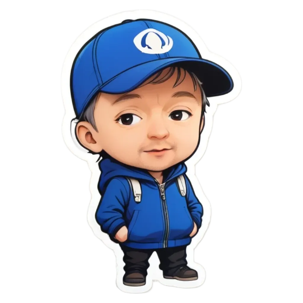 A blue hat with a logo on it that is a cartoon of a boy.