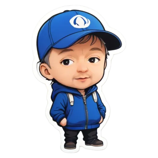 A blue hat with a logo on it that is a cartoon of a boy.