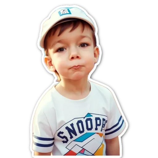 A boy wearing a white shirt that says Snoop.