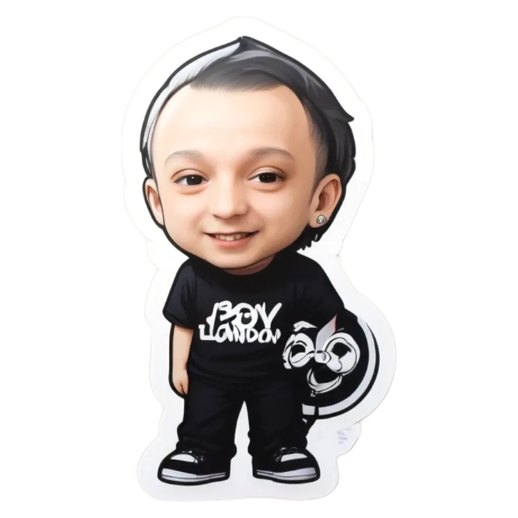 A sticker of a boy named London that is black and white.
