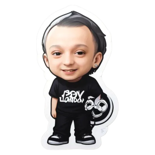 A sticker of a boy named London that is black and white.