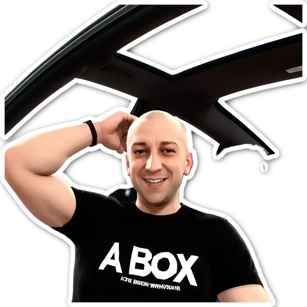 A man with a black shirt that says A BOX.