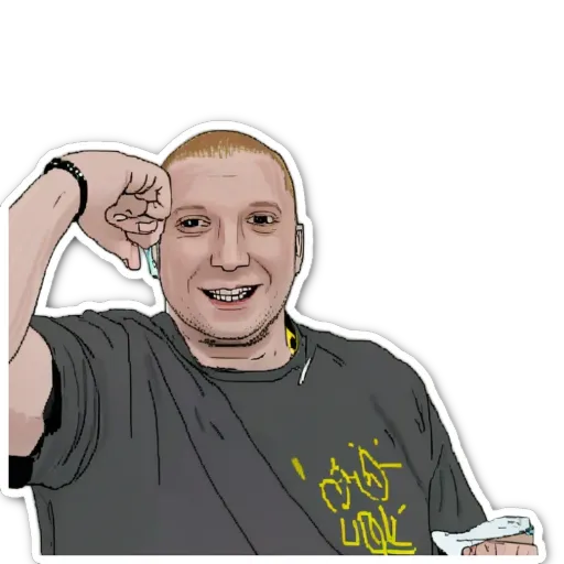 A man is shown with his hand up and a sticker of him.
