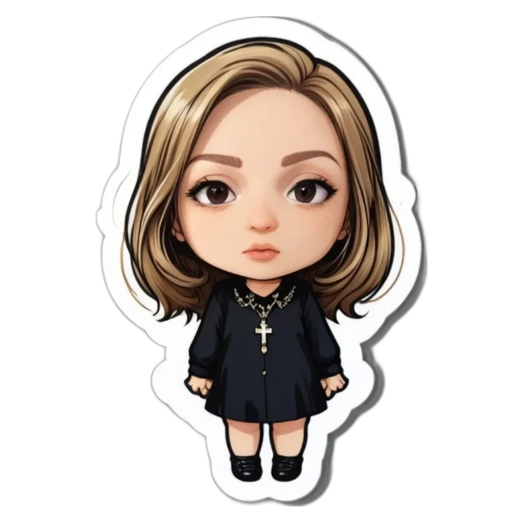 A cartoon girl with a cross necklace is wearing black clothing.