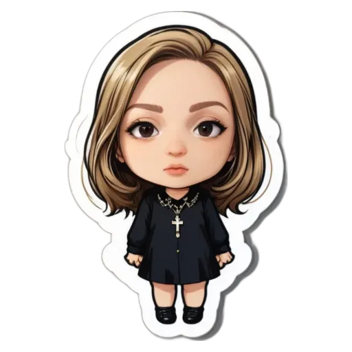 A cartoon girl with a cross necklace is wearing black clothing.