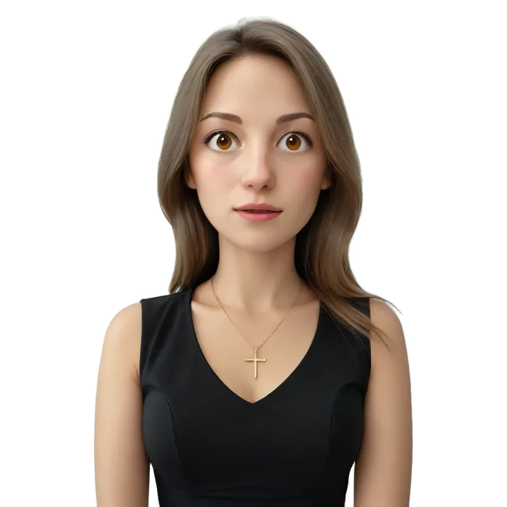 A woman wearing a black dress with a cross necklace.