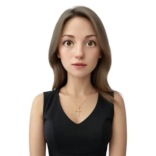 A woman wearing a black dress with a cross necklace.