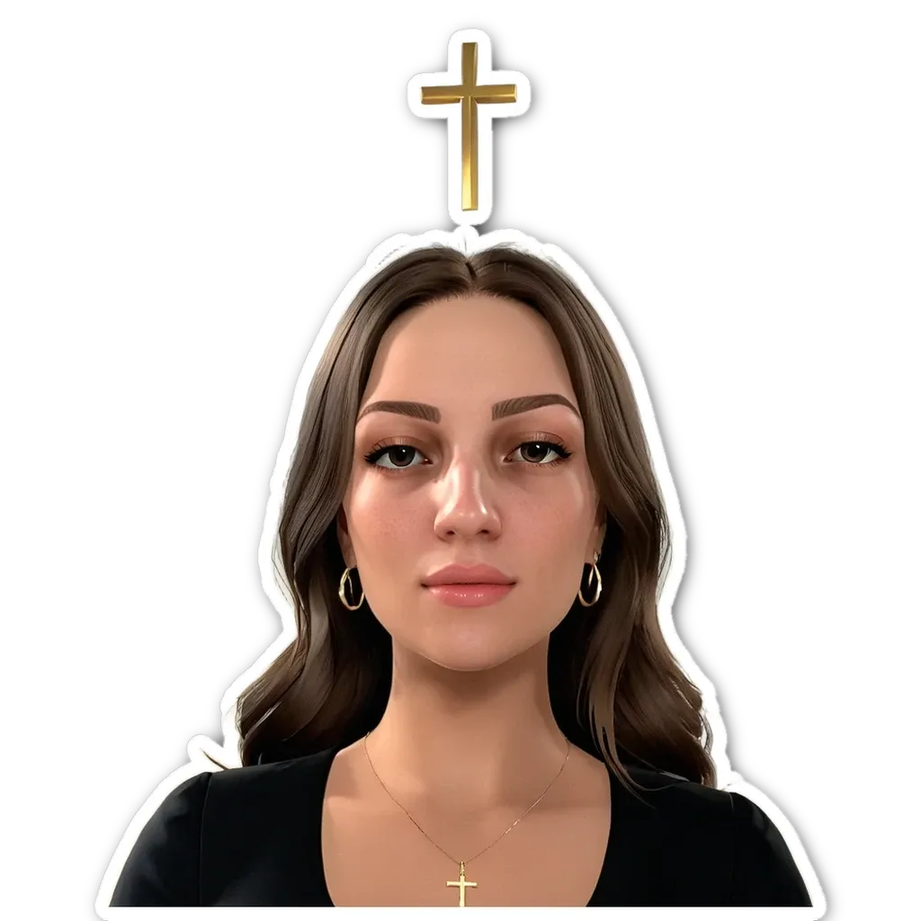 A woman wearing a cross necklace is wearing a black dress.