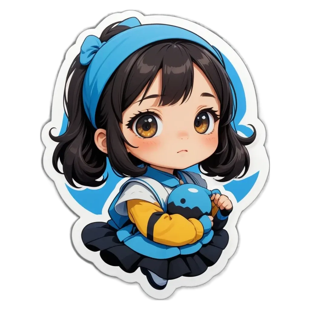 A girl with a blue headband and a black and white outfit is holding a blue object.