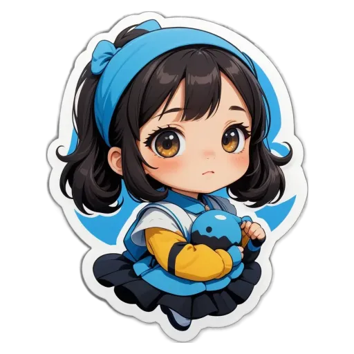 A girl with a blue headband and a black and white outfit is holding a blue object.