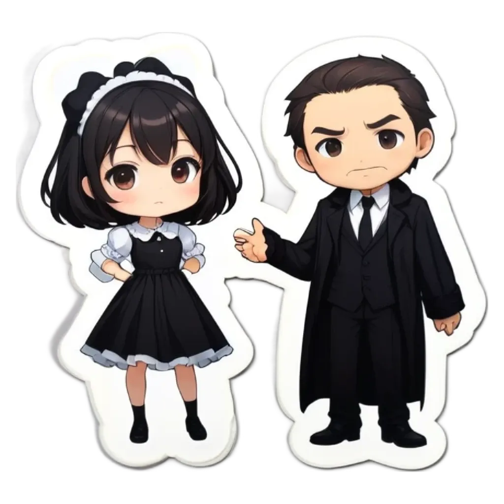 A boy and girl cartoon like characters wearing dress and suit.