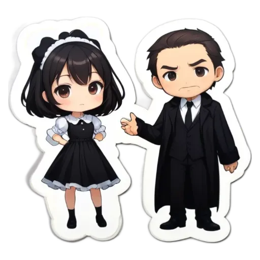 A boy and girl cartoon like characters wearing dress and suit.