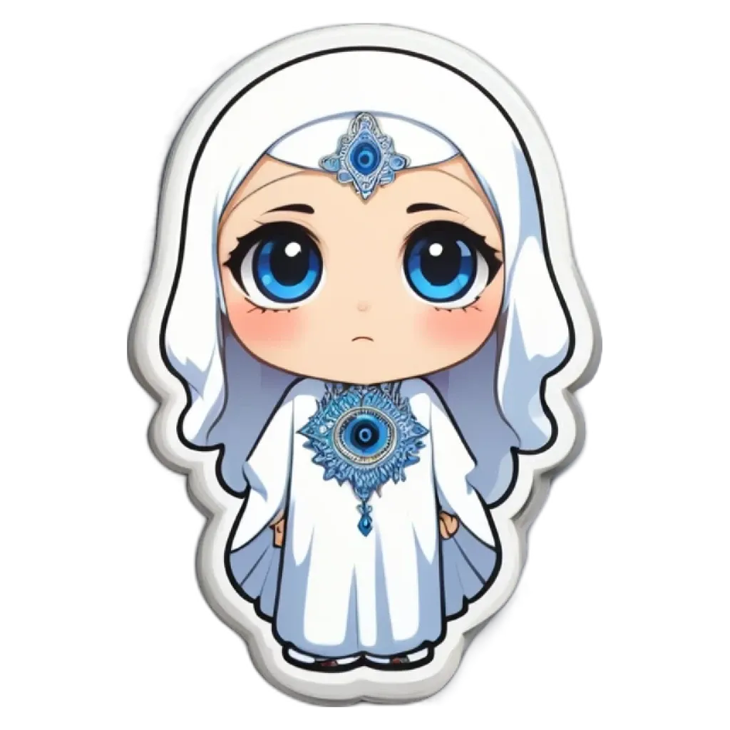 A girl with blue eyes is wearing a white dress.