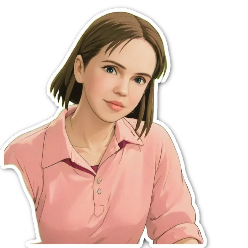 A cartoonish drawing of a girl wearing a pink shirt.