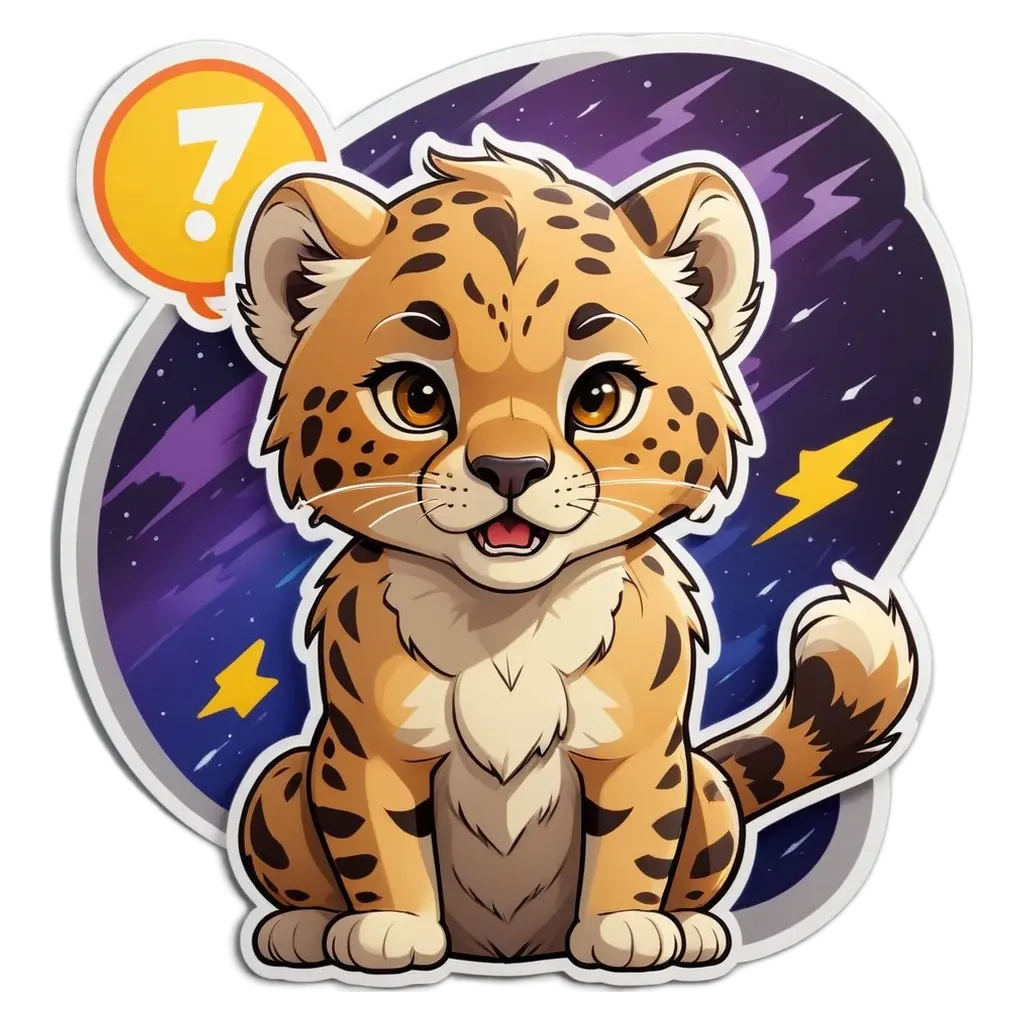 A sticker of a cat in space with a question mark.