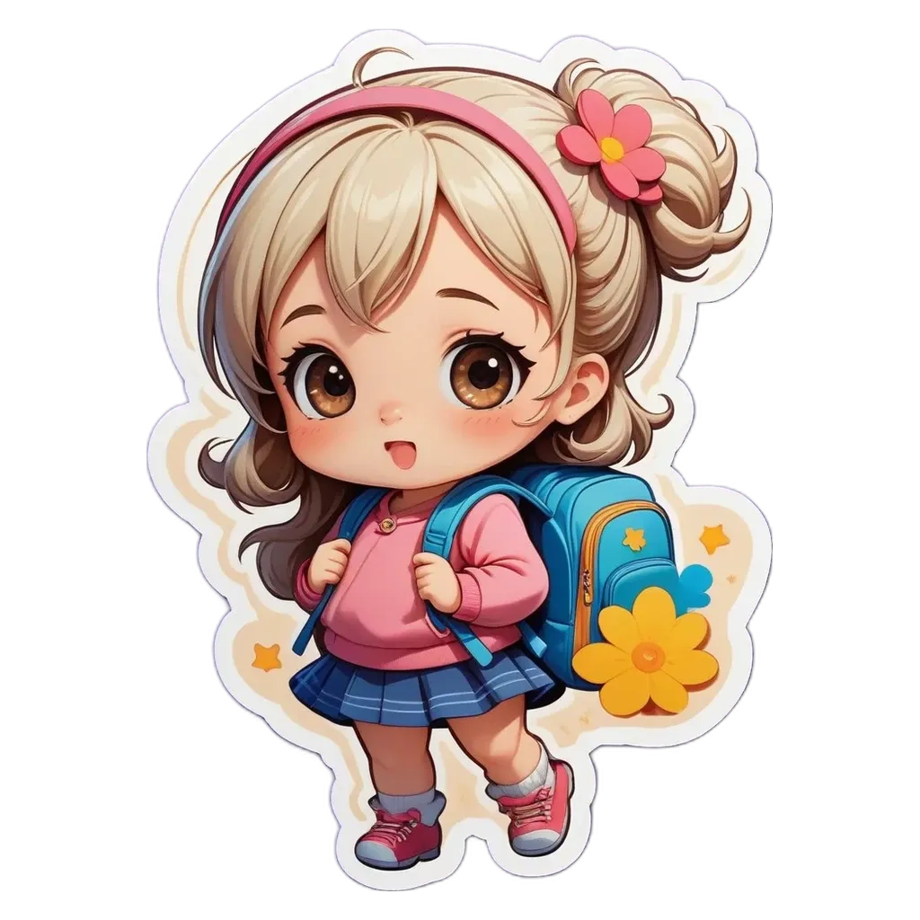 A girl with a backpack is wearing a pink dress and has her teeth showing.
