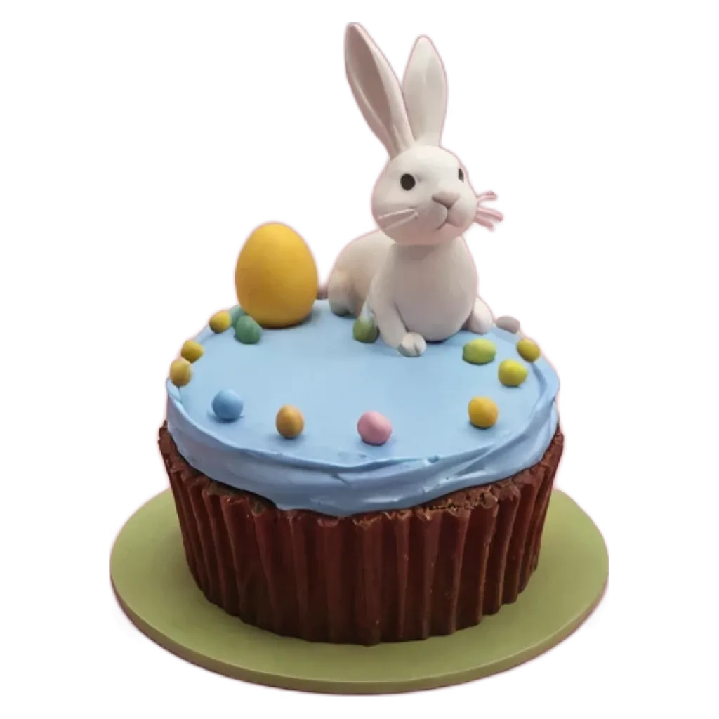 A bunny is on top of a cake with blue icing and green eggs.