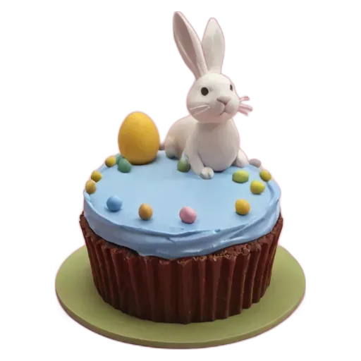 A bunny is on top of a cake with blue icing and green eggs.