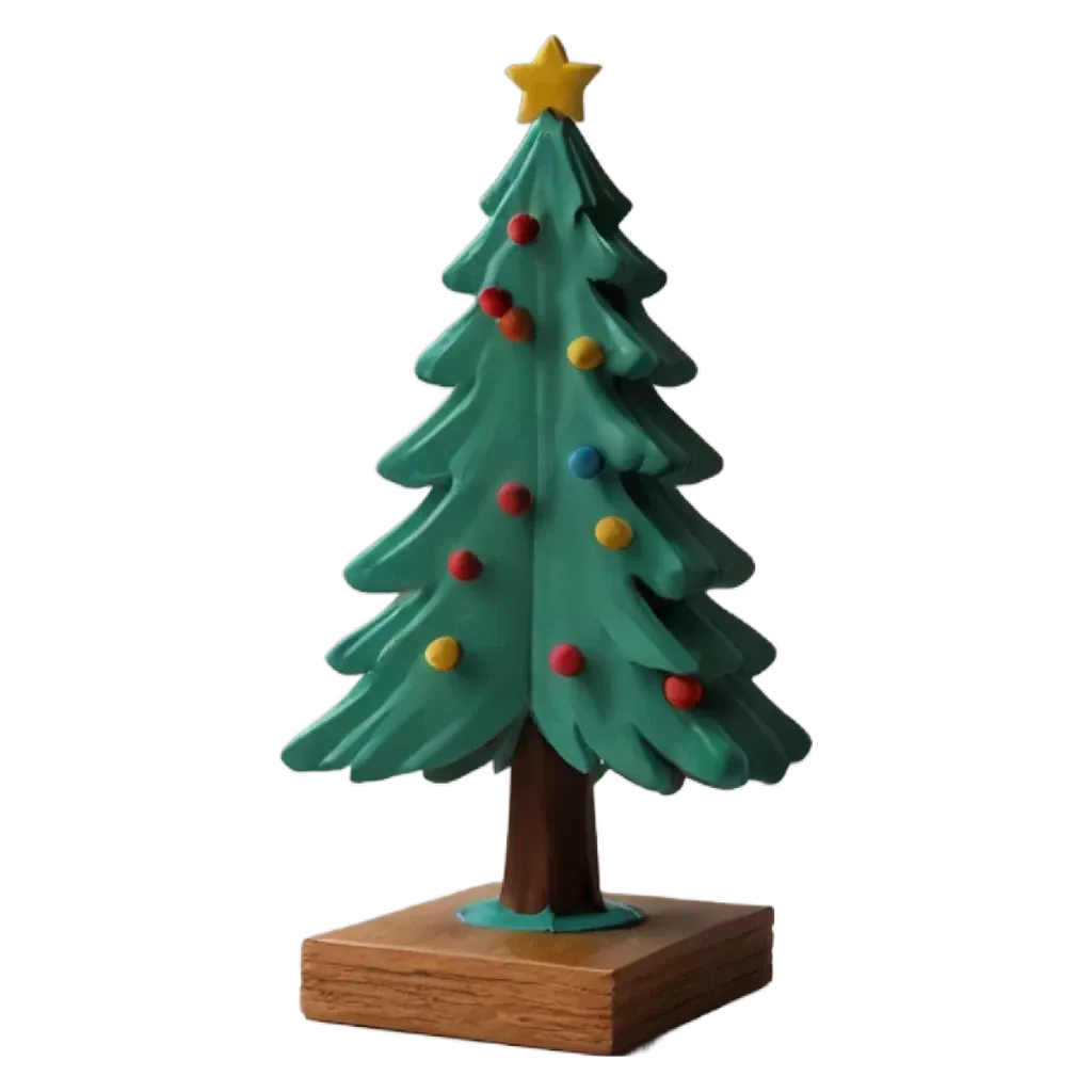 A green tree with ornaments on it is on a wooden base.