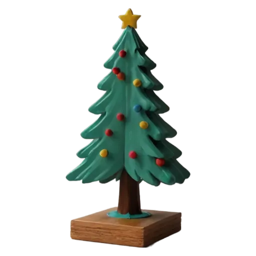 A green tree with ornaments on it is on a wooden base.