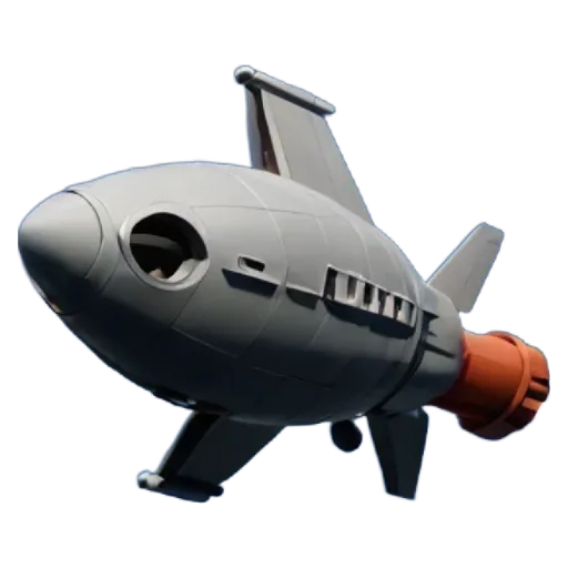 A grey and red rocket ship is in the air.