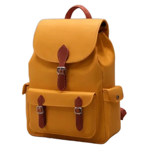 A yellow backpack with metal fasteners.