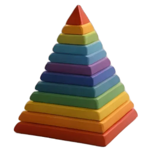 A pyramid made of blocks in many colors including red, yellow, blue, green, orange and purple.
