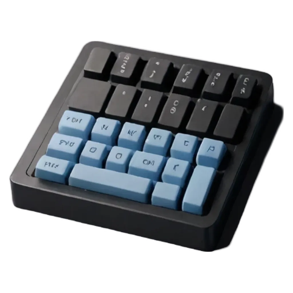 A black and blue keyboard is on a black background.