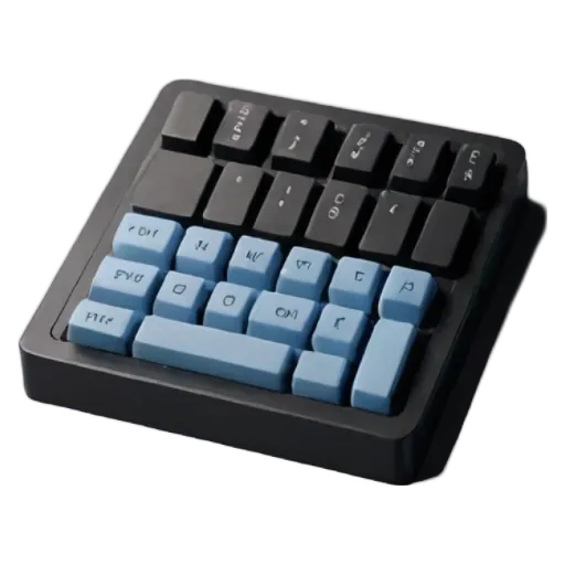 A black and blue keyboard is on a black background.