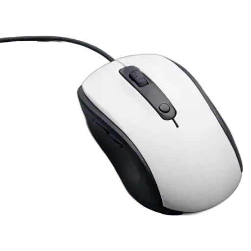 A white and black wireless mouse on a flat surface.
