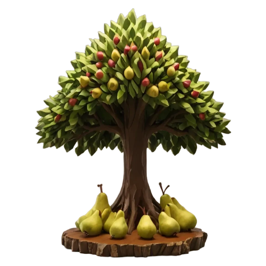 A tree with pears on its branches is shown.