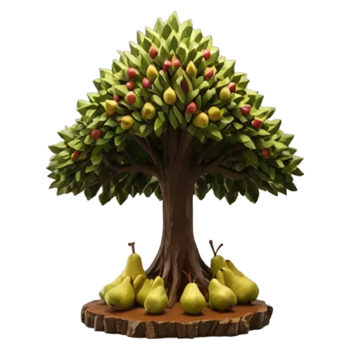 A tree with pears on its branches is shown.