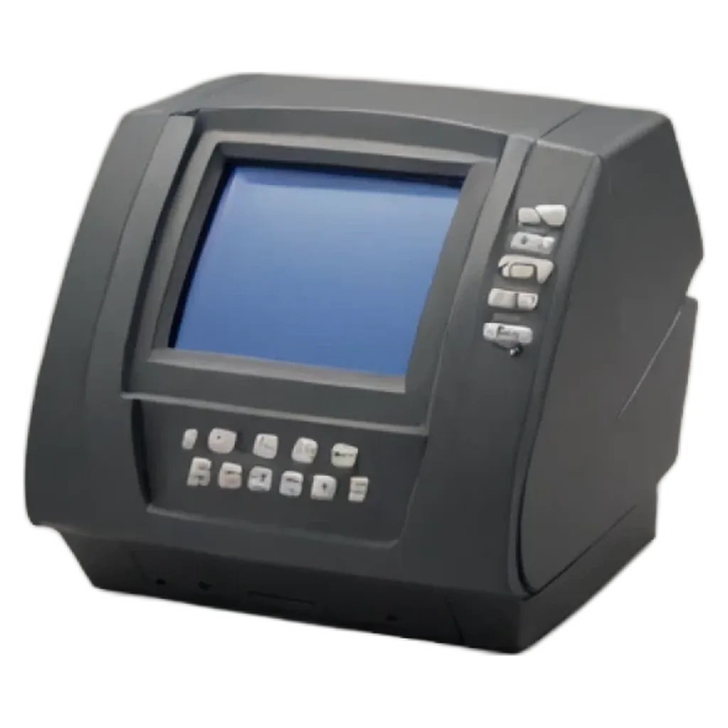 A black computer monitor with a blue screen.