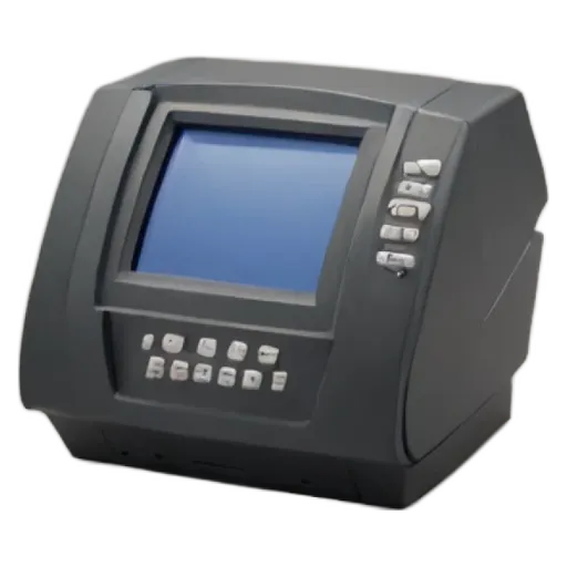 A black computer monitor with a blue screen.