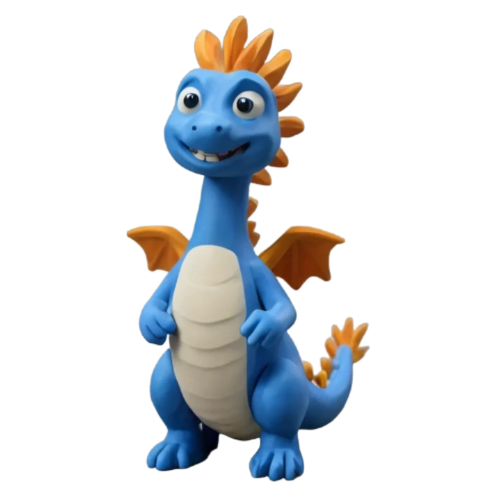 A blue dragon with orange wings standing on a black background.