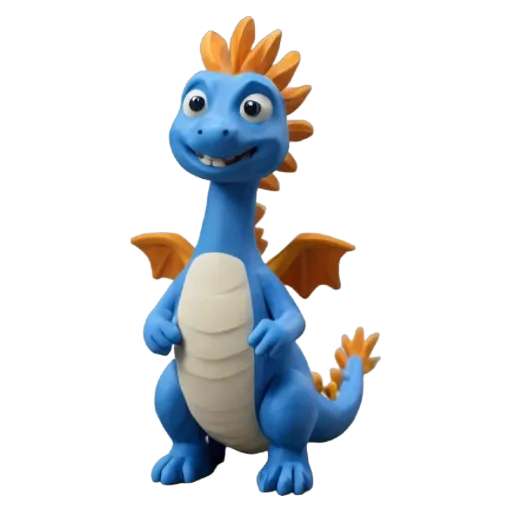 A blue dragon with orange wings standing on a black background.