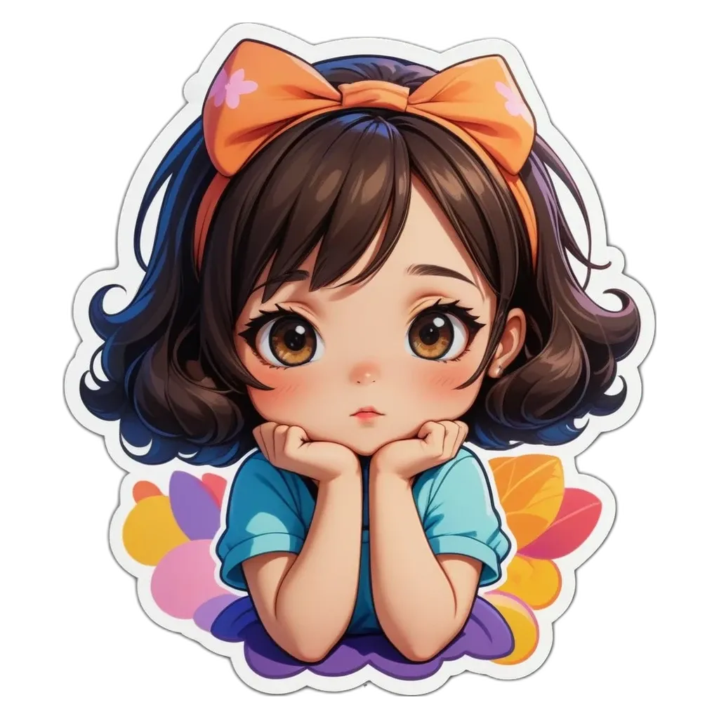 A girl with a bow in her hair is wearing an orange shirt.