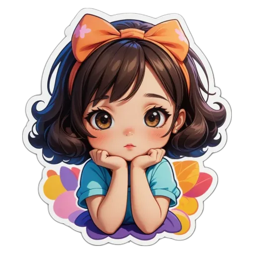 A girl with a bow in her hair is wearing an orange shirt.