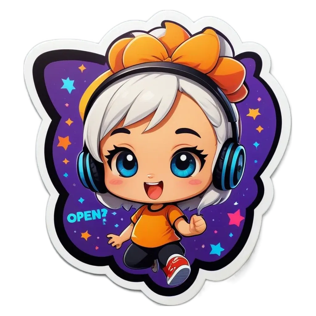 A girl with headphones on a black and purple background.