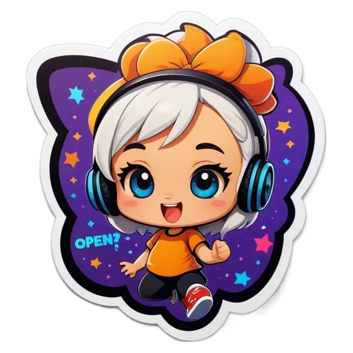 A girl with headphones on a black and purple background.
