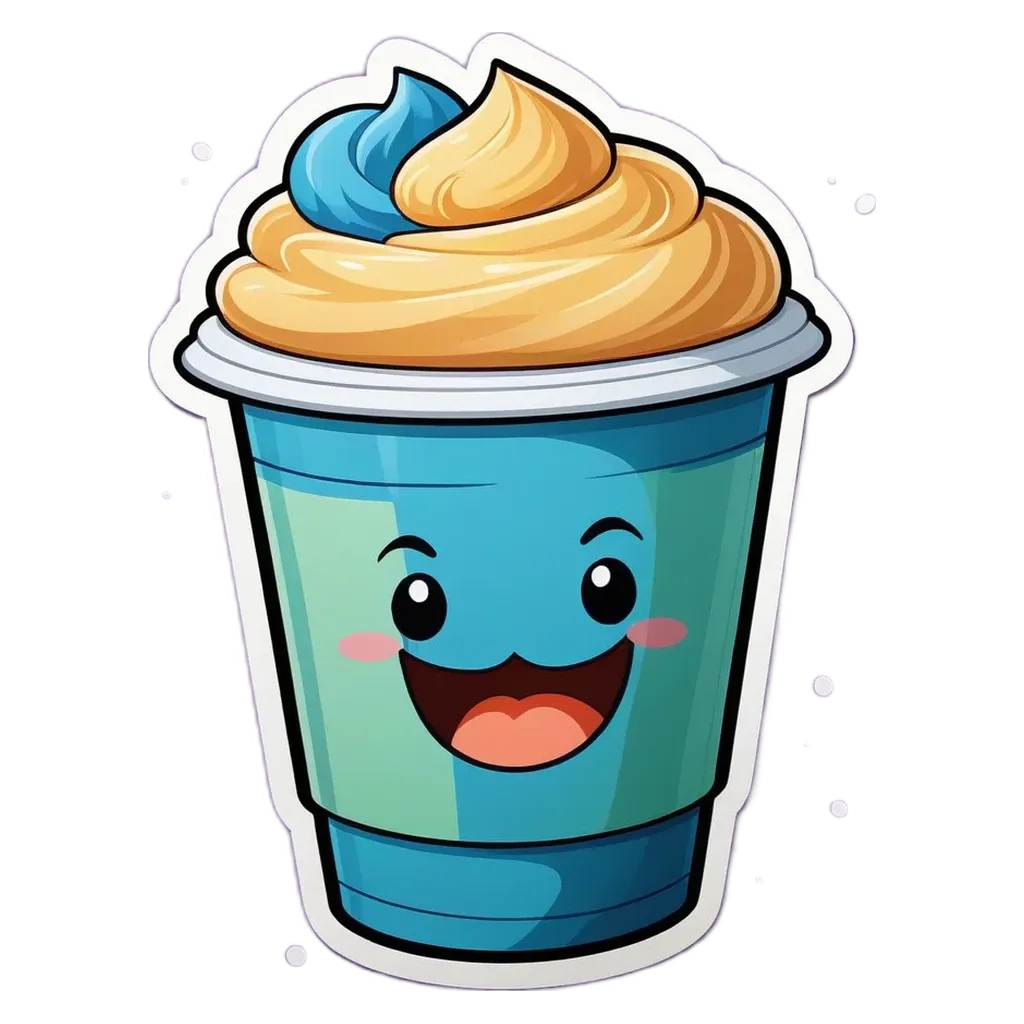 A blue and green cup with a cute cartoon character drinking out of it.