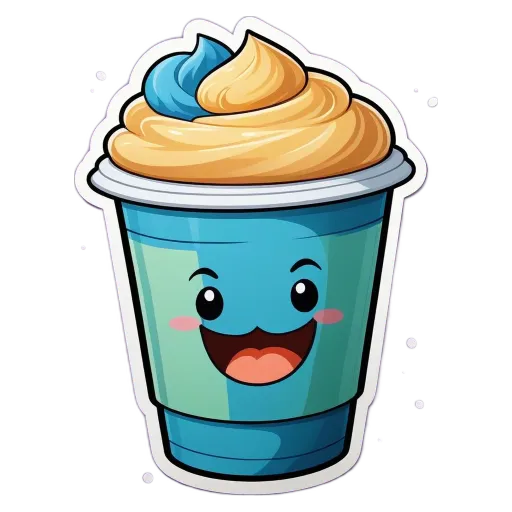 A blue and green cup with a cute cartoon character drinking out of it.