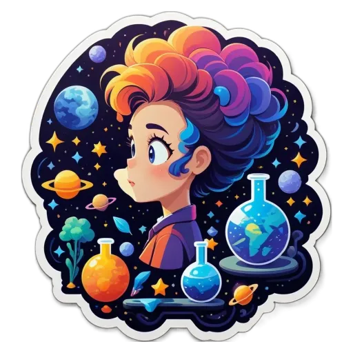 A sticker of a girl looking at jars of different planets.