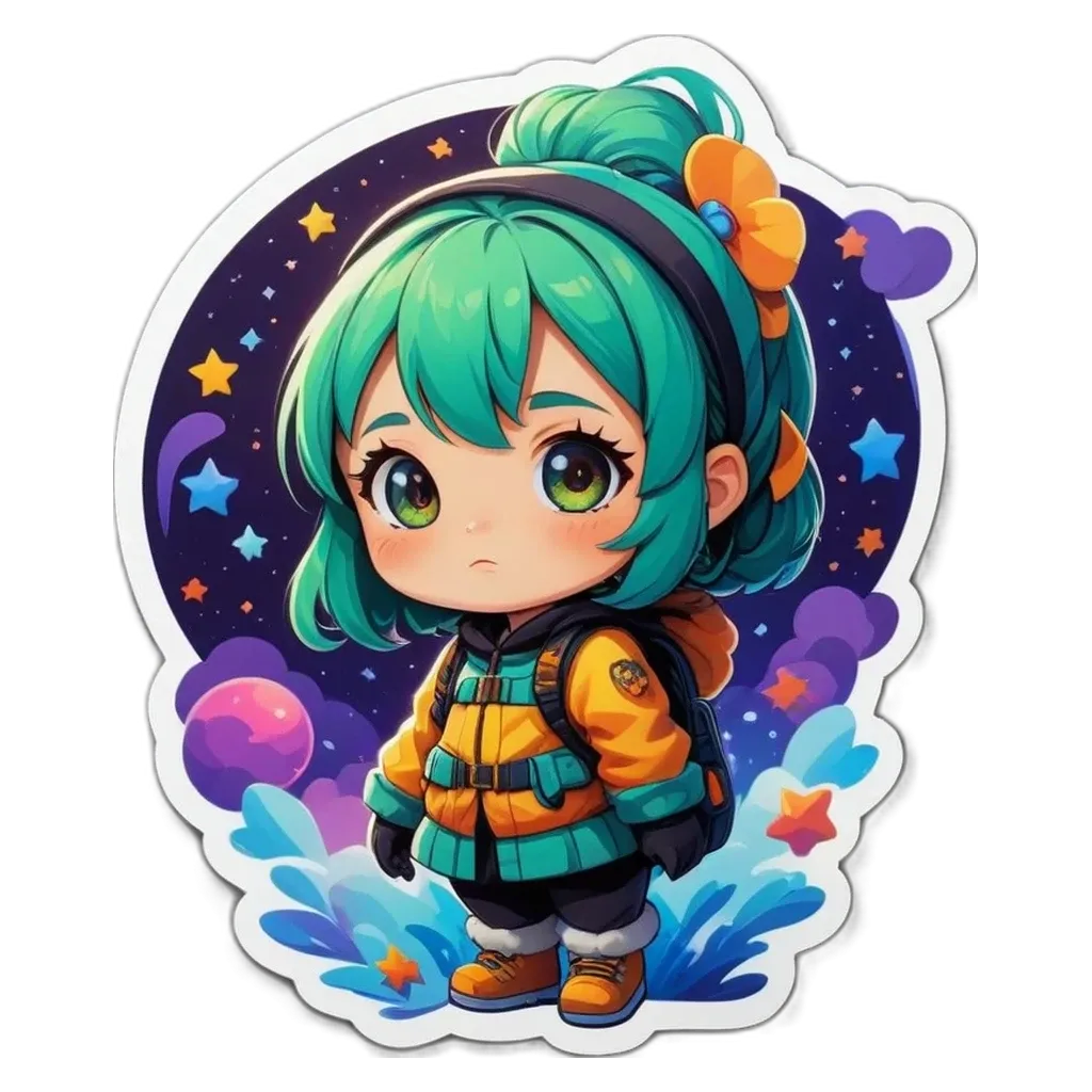 A girl with a backpack in a circle sticker.