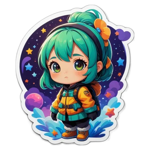 A girl with a backpack in a circle sticker.