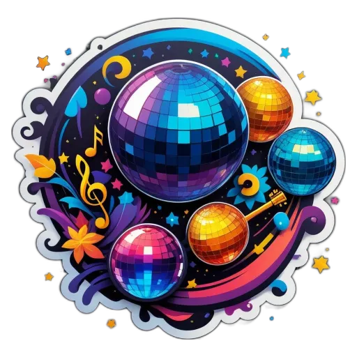 A colorful design with mirrors and balls on a black background.