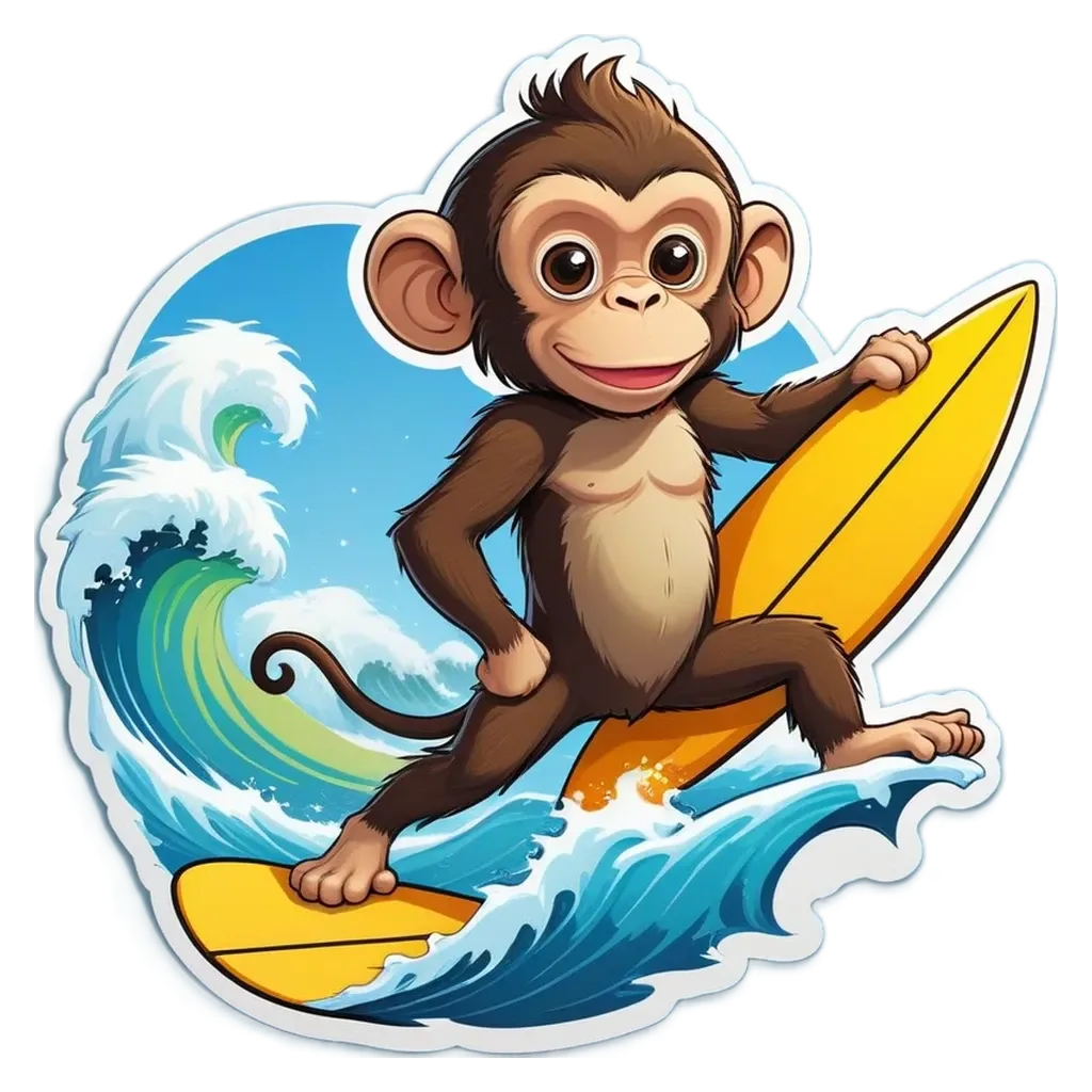 A cartoon of a monkey riding a surfboard.