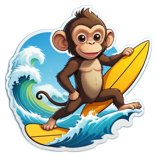 A cartoon of a monkey riding a surfboard.